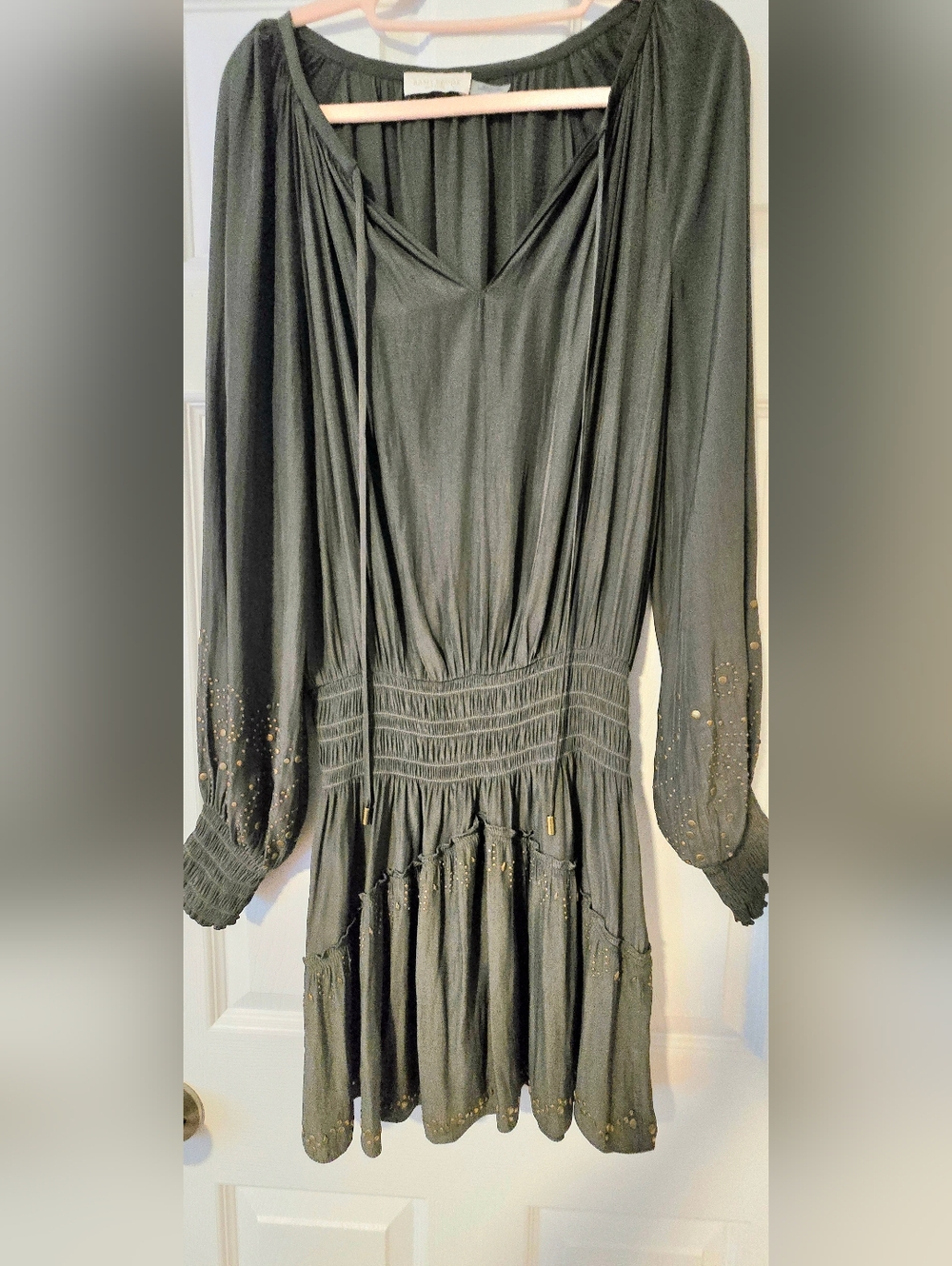 Ramy Brook Olive Green Long Sleeve Drop Waist Dress with Metallic Dot Accents